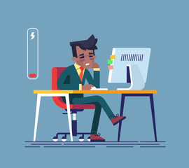 Feeling exhausted. Tired african american man sitting at his working place with computer in office. Business concept.  Modern creative vector illustration.  