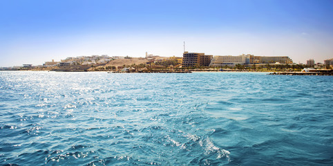 Egipt. Hurgada. View from the sea. New complexes under construction near hotel Hilton. 2017.