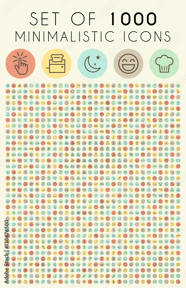 Poster set of 1000 isolated universal minimal simple thin line on circular color buttons