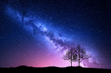 Starry sky with pink Milky Way. Night landscape with alone trees on the hill against colorful milky...
