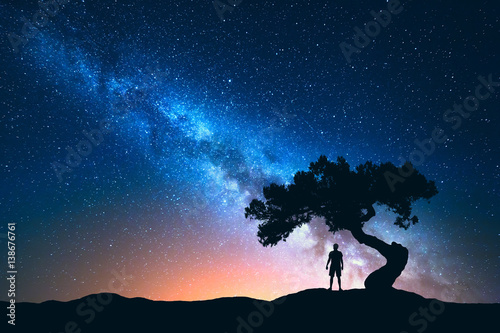 Night Landscape With Milky Way And Silhouette Of Man Under