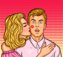 Pop art sexy woman with red lipstick kissed a man