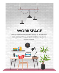 Creative office interior in loft space with white vintage brick wall. Modern cozy workspace with wooden table, laptop, desk lamp, book shelf, folders, plants, clock etc. Vector illustration.