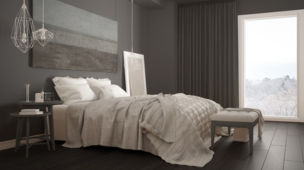 Classic bedroom, scandinavian modern style, minimalistic interior design