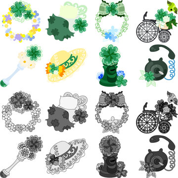 The cute icons of clover object such as wreath and bed and bicycle and stick and hat and post and telephone