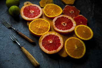 bright slices oranges on the table