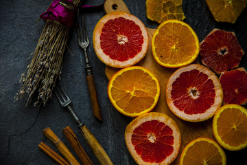 bright slices oranges on the table