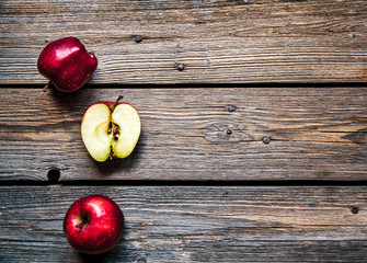 Fresh red apples on wooden table. fruit, natural food. Free space for text . Top view