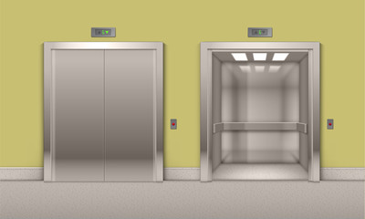 Vector Realistic Open and Closed Chrome Metal Office Building Elevator Doors Isolated on Background