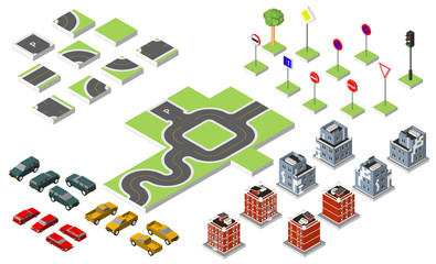Set Isometric road and Vector Cars, Common road traffic regulatory, Building with a windows and air-conditioning. Vector illustration eps 10 isolated on white background.