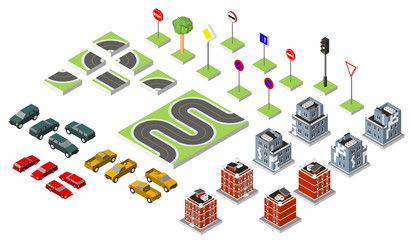 Set Isometric road and Vector Cars, Common road traffic regulatory, Building with a windows and air-conditioning. Vector illustration eps 10 isolated on white background.