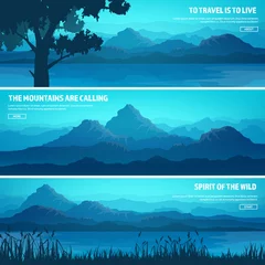 Poster Mountains and forest. Wild nature landscape. Travel and adventure.Panorama. Into the woods. Horizon line.Trees,fog. Wildlife.Lake,river. © 32 pixels