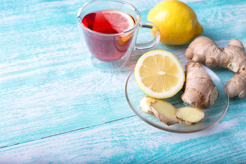Tea with lemon and ginger, background