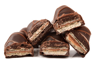 chocolate bars covered wafer on white background
