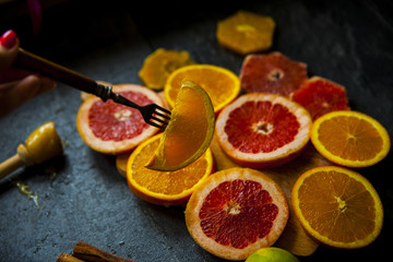 bright slices oranges on the table