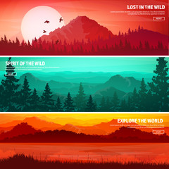 Mountains and forest. Wild nature landscape. Travel and adventure.Panorama. Into the woods. Horizon line.Trees,fog. Wildlife.