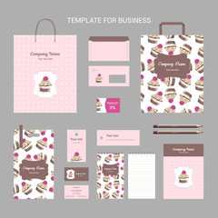 Set of corporate identity for confectionery, shop, cafe or restaurant, cake with cream and rose in brown wrapping with stripes and on pink background, vintage branding business template, vector
