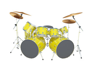 Fototapeta na wymiar Yellow drum kit on a white background. Isolated on white. 3D Render