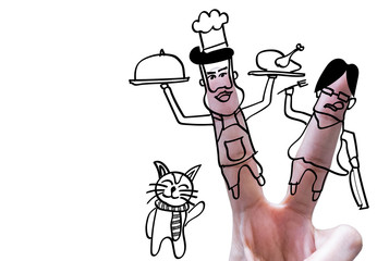 freehand chef and gourmet on photo of victory finger with text space ,white background,victory of chef