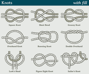 Knots, with fill. Set of nine different knots with the interior filled with color.