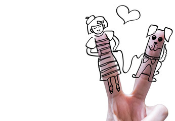 freehand woman and dog on photo of victory finger with text space ,white background,victory of pet.