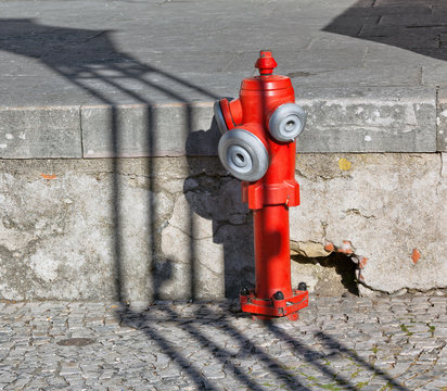 European Red Metallic Fire Hydrant In The Town Of Sintra - Portugal