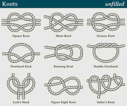 Knots, unfilled. Set of nine different knots with the interior without coloring.