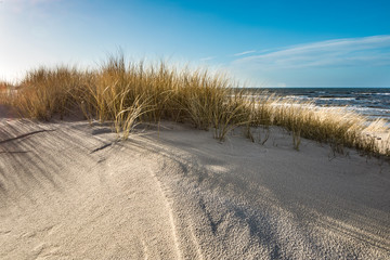 Bright, wide and white polish beach in Leba. Baltic sea and its incredible beauty. Sandy dunes in Poland, Slowinski National Park.