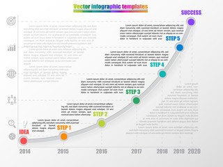 Timeline infographic template with 5 steps, start and finish option. Growth chart by years with inscription and coments. Grey colors and multicolored step points. Vector illustration.