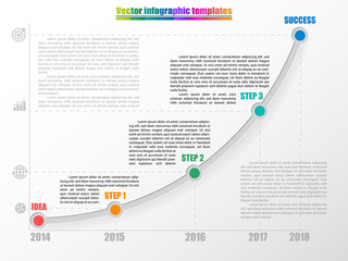 Timeline infographic template with 3 steps, start and finish option. Growth chart by years with inscription and coments. Grey colors and multicolored step points. Vector illustration.