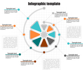 Spiraling  circle infographic template 8 steps. Cell background, space for comments, inscriptions outside the graph. For presentation and design concept. Vector illustration.