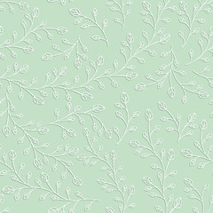 Seamless pattern. Branches with leaves and buds. Tender green. Vector illustration.