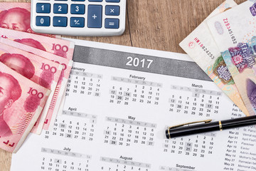 calendar event with chinese yuan, close up.