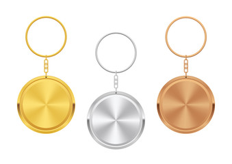 Metal Trinket. Realistic Keychain Template. Set of Golden, Silver and Bronze Circle Shape. Vector stock illustration.