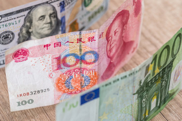 Close up of foreign currency banknotes as background.
