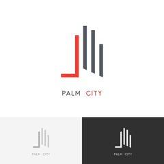 Palm city logo - skyscrapers and hand symbol. Real estate and building vector icon.