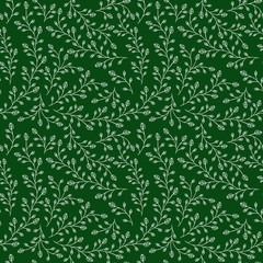 Seamless pattern. Branches with leaves and buds. White color on dark green background. Vector illustration.