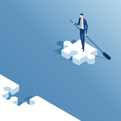 Isometric businessman floats on the last piece of the puzzle. Business concept - obrazy, fototapety, plakaty