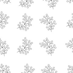 Floral seamless pattern with branches and berries. Simple and clean design. Great for textile, wrapping paper. White and black texture.