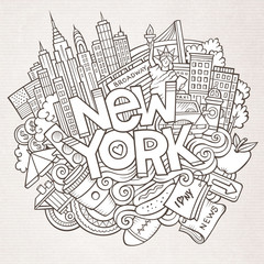 Cartoon cute doodles hand drawn New York inscription