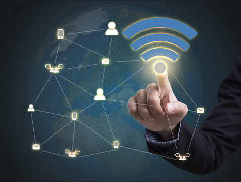 Businessman with wifi zone system icon. concept technology social network communication.