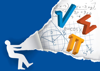 Discover the world of math.
Human silhouette ripping paper with mathematics symbols and notes. Vector available.
