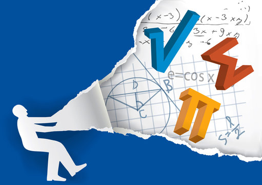 Discover the world of math.
Human silhouette ripping paper with mathematics symbols and notes. Vector available.
