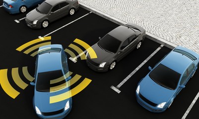 Autonomous cars on a road with visible connection, 3d rendering