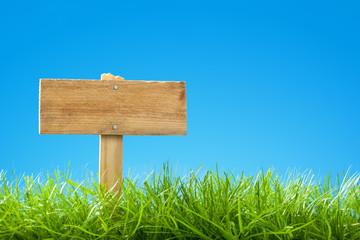Summer / Spring Scene with Green Grass and Clear Blue Sky - Empty Wooden Sign Post