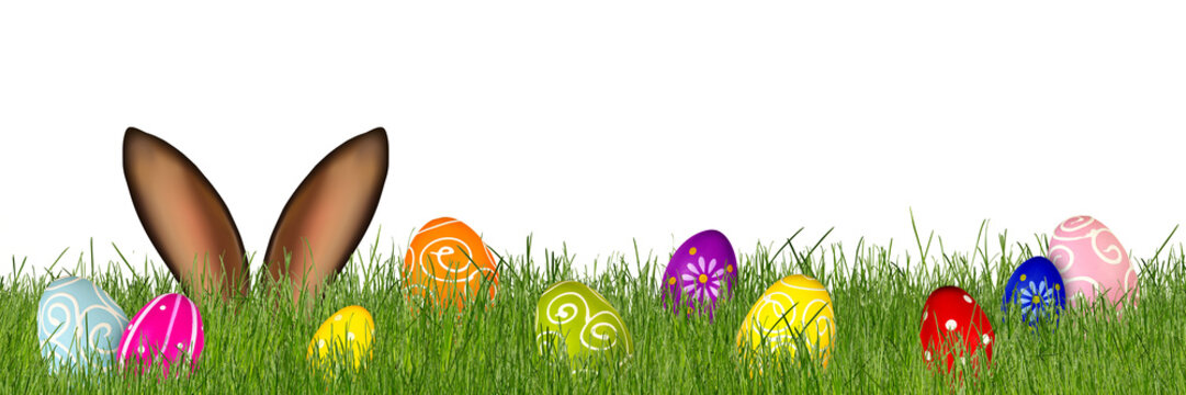 easter bunny ears hiding looking through gras meadow with colorful decorated easter eggs / Osterhase Hasenohren im Ostergras und bunten bemalten Ostereiern