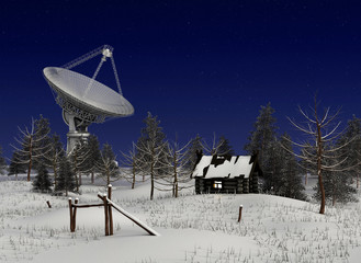 Winter landscape with a radio telescope 3d image