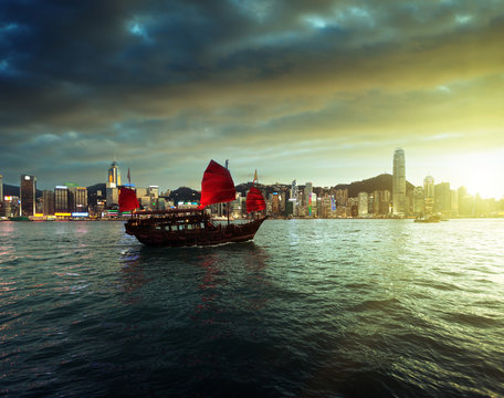 Hong Kong harbour in sunset time