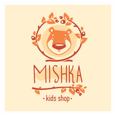 Kids club logo with bear. Cute kindergarten sign.
