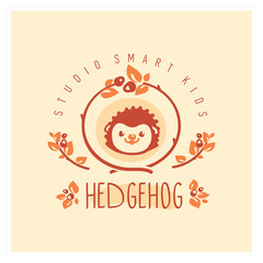 Kids club logo with hedgehog. Cute kindergarten sign.